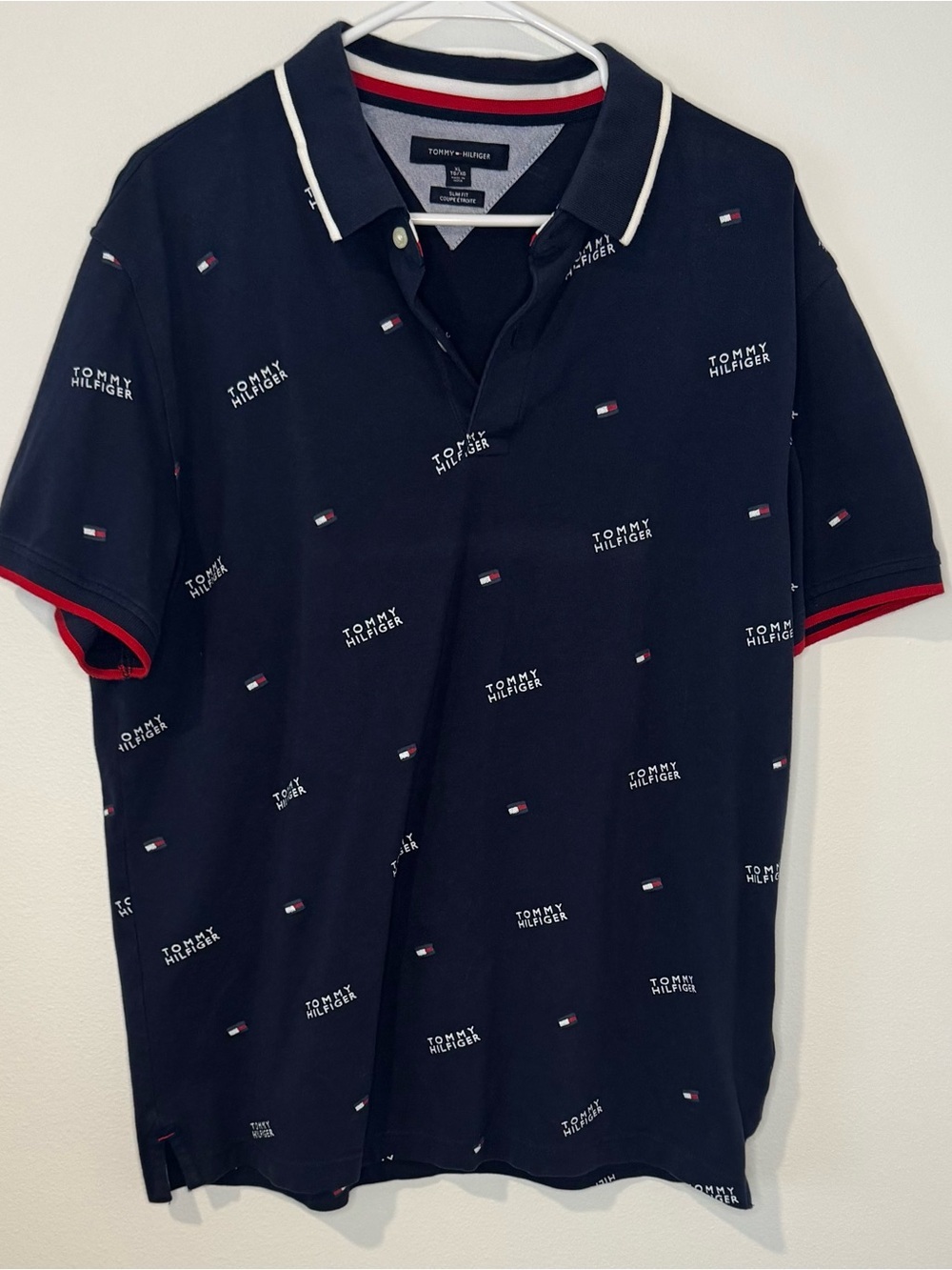 Tommy Hilfiger Men’s XL Navy Allover Logo Flag Slim Fit Stretch Polo Shirt